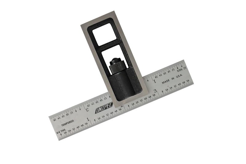 UNIPEC Precision Double Square for Metal Working and Fabrication, Carpentry, Woodworking and Machine Setup,4R Blade (8ths, 16ths, 32nds, 64ths), Hardened, Chrome Stainless Steel Blade, Made in US - Image 1